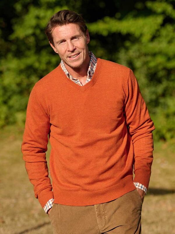 Pullover Lambswool "Jack" Met Harris Tweed Details In Burned Orange