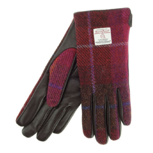 Ladies Brown Leather & Harris Tweed Gloves in Dark Pink Tartan