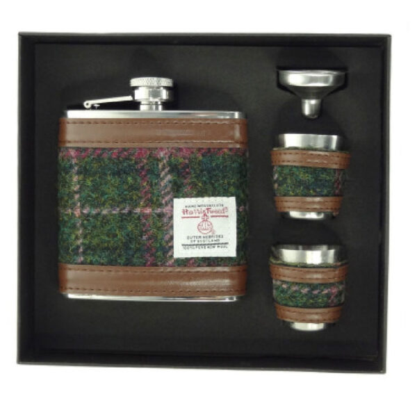 Harris Tweed Hip Flask Gift Set in Dark Green & Plum Check