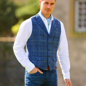 Harris Tweed Vestje "Wales" Met Revers In Blue Overcheck