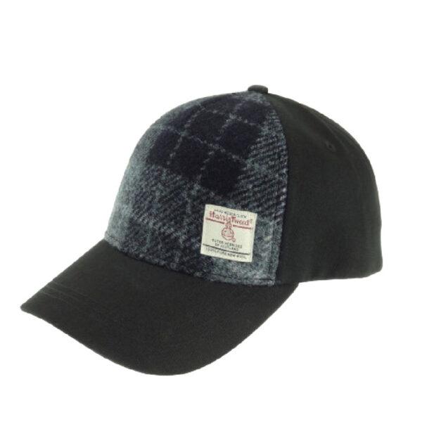 Baseball Cap with Harris Tweed in Grey & Black Tartan