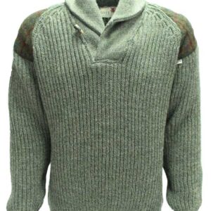 Chunky knit Shawl Collar Sweater with Harris Tweed patches Derbytweed