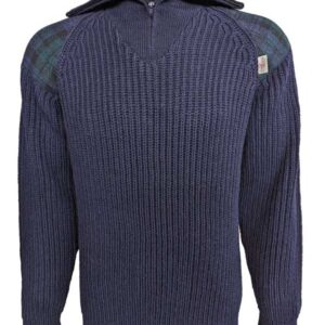 Zip sweater with Harris Tweed patches Navy