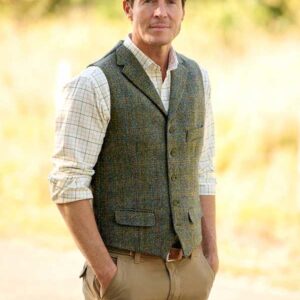 Harris Tweed Vestje "Wales" Met Revers In Oliv-Blue Overcheck