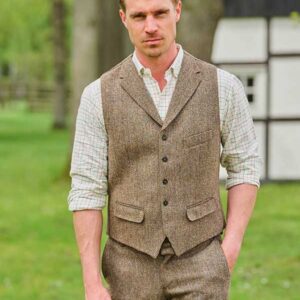 Harris Tweed Vestje "Wales" Met Revers In Country Herringbone