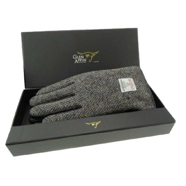 Gents Black Leather & Harris Tweed Gloves Boxed in Heather Herringbone