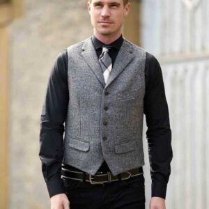 Harris Tweed Vestje "Wales" Met Revers In Anthra Melange