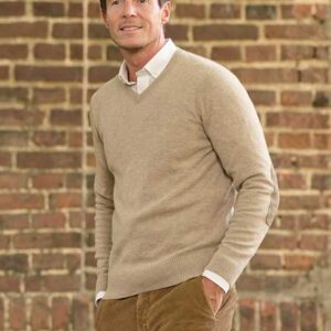 Pullover Lambswool "Jack" Met Harris Tweed Details In Taupe