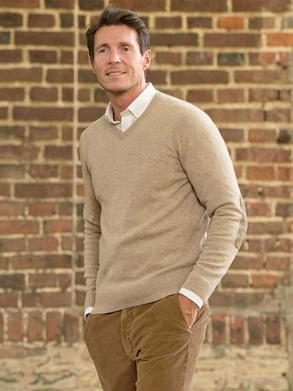 Pullover Lambswool "Jack" Met Harris Tweed Details In Taupe