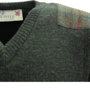 Vee neck sweater with Harris Tweed patches Mossgreen