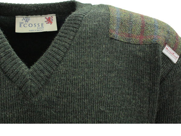 Vee neck sweater with Harris Tweed patches Mossgreen