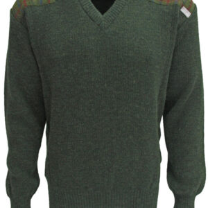 Vee neck sweater with Harris Tweed patches Mossgreen