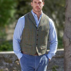 Harris Tweed Vestje "Wales" Met Revers In Green Castle