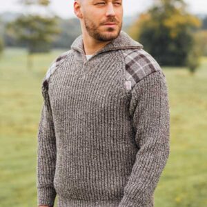 Zip sweater with Harris Tweed patches Natural