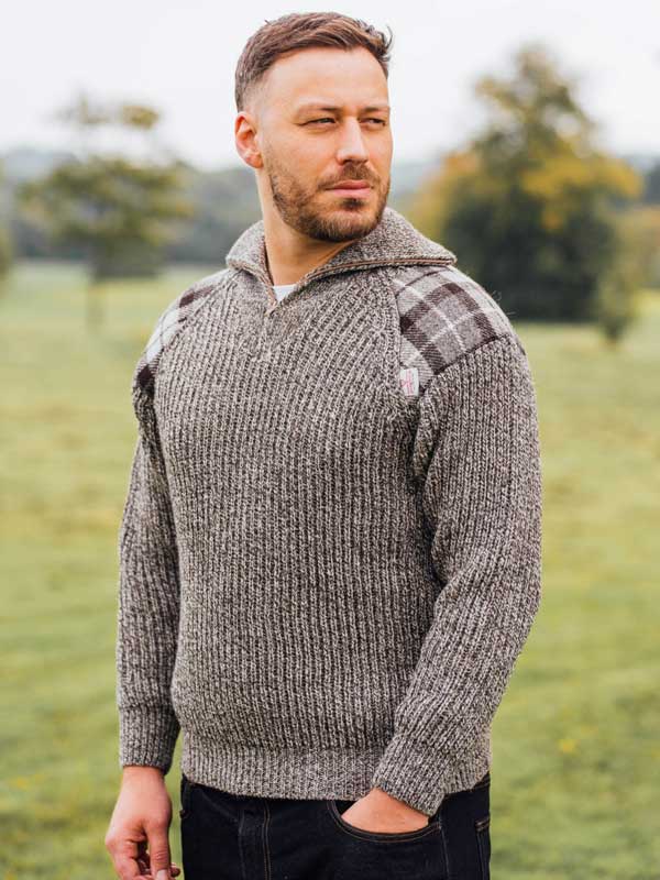 Zip sweater with Harris Tweed patches Natural