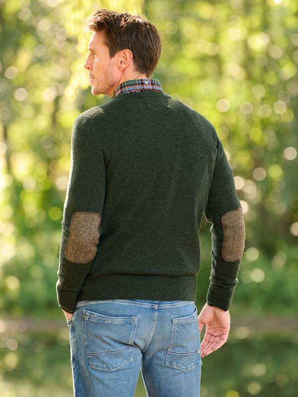 Pullover Lambswool "Jack" Met Harris Tweed Details In Forest Green