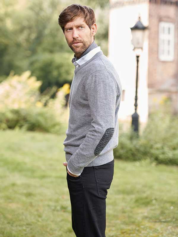 Pullover Lambswool "Jack" Met Harris Tweed Details In Cloud Grey