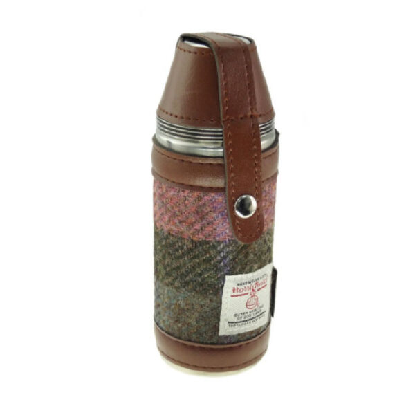 Harris Tweed Hunting Flask In Muted Green & Rose Pink Tartan