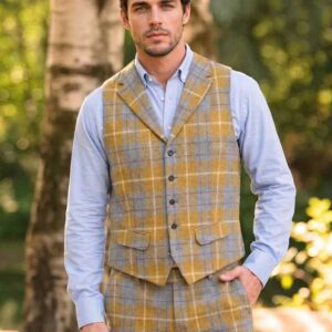 Harris Tweed Vestje "Wales" Met Revers In Amber Check