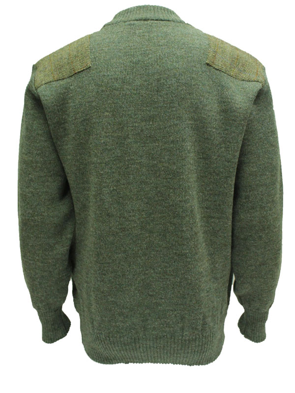 Crew neck sweater with Harris Tweed patches Derby Tweed