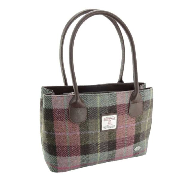 Harris Tweed 'Cassley' Classic Handbag in Muted Green & Rose Pink Tartan