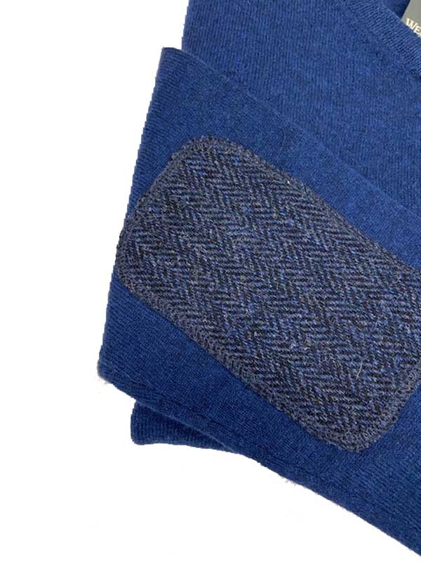 Pullover Lambswool "Jack" Met Harris Tweed Details In Denim Blue
