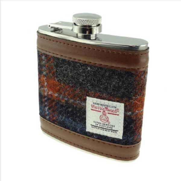 Harris Tweed 6oz Hip Flask In Grey with Rust Overcheck