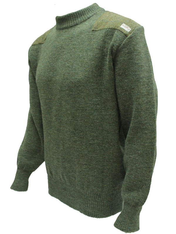 Crew neck sweater with Harris Tweed patches Derby Tweed