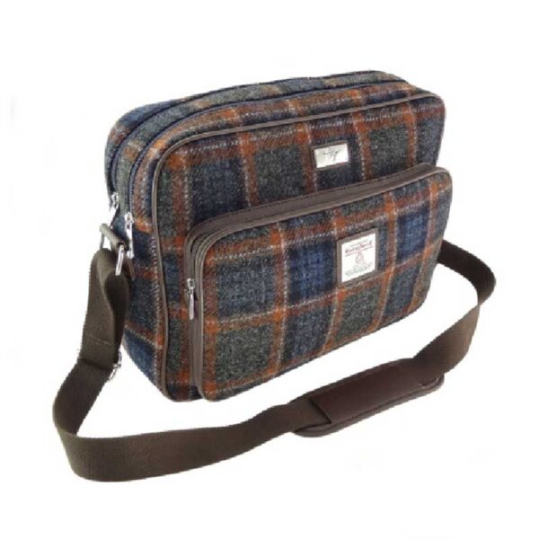 Harris Tweed 'Bowmont' Messenger Bag In Grey with Rust Overcheck