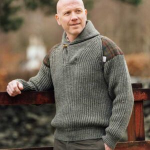 Chunky knit Shawl Collar Sweater with Harris Tweed patches Derbytweed