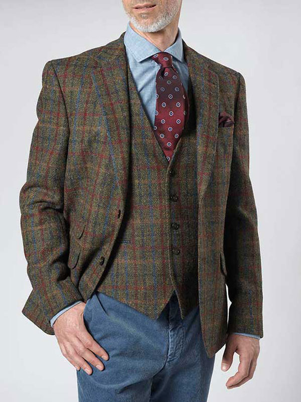 Harris Tweed Jacket "London" In Red-Blue Check