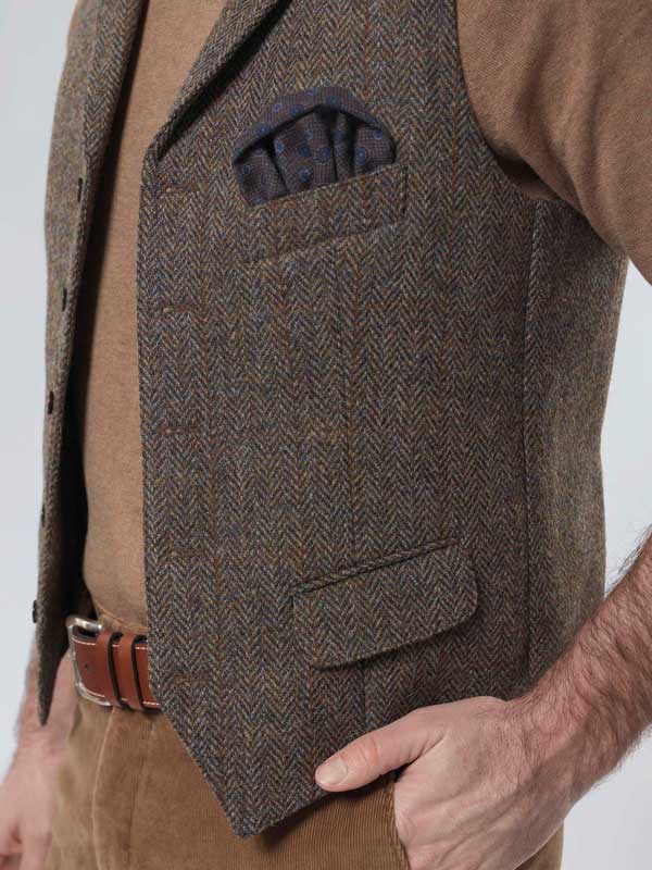 Harris Tweed Vestje "Wales" Met Revers In Evergreen