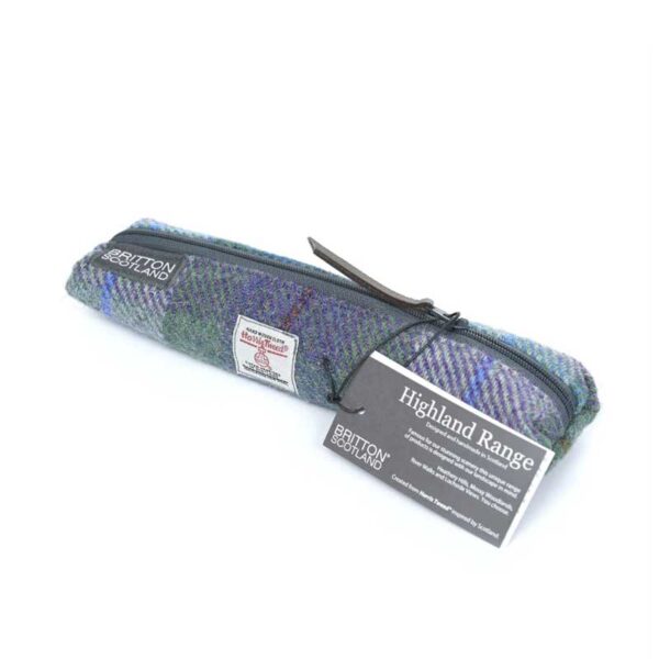 Harris Tweed Highland Range Slim Pencil Case Blue Green Plaid