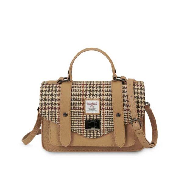 Harris Tweed Clutch, The Leather Medium Satchel, Islander, Beige Dogtooth