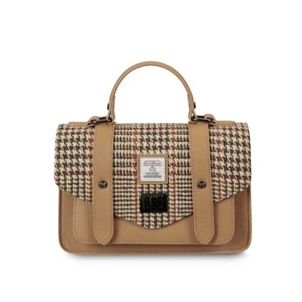 Harris Tweed Clutch, The Leather Medium Satchel, Islander, Beige Dogtooth