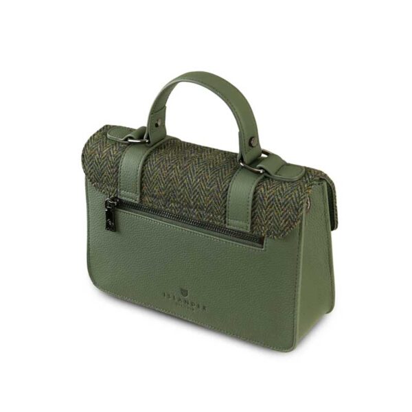 Harris Tweed Clutch, The Leather Medium Satchel, Islander, Dark Green Herringbone