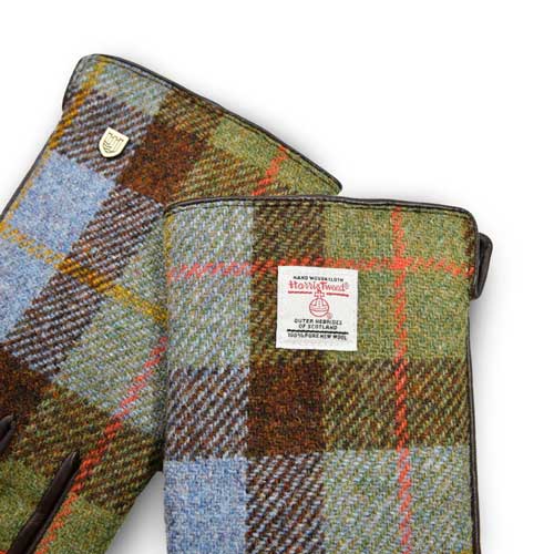 Men's Harris Tweed Gloves In Chestnut-Blue Tartan