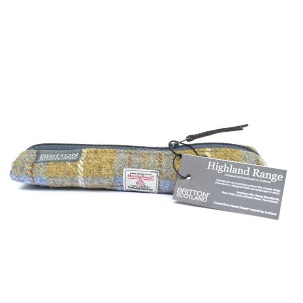 Harris Tweed Highland Range Slim Pencil Case Mustard Plaid