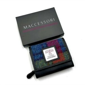 Harris Tweed Trifold Purse In Blue/Pink Check