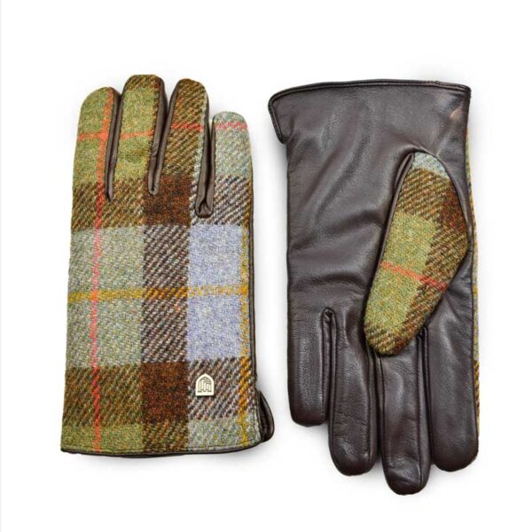 Men's Harris Tweed Gloves In Chestnut-Blue Tartan
