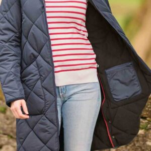 Dames Steppmantel 'Perth' Met Harris Tweed Details en Capuchon In Navy