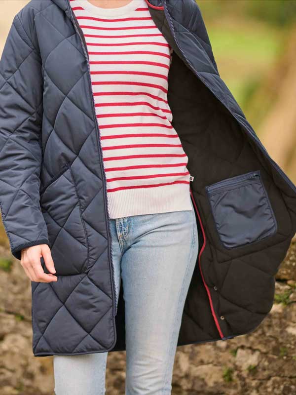 Dames Steppmantel 'Perth' Met Harris Tweed Details en Capuchon In Navy