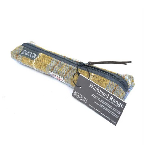 Harris Tweed Highland Range Slim Pencil Case Mustard Plaid