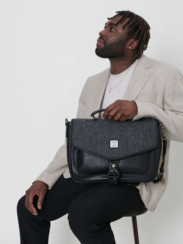 Harris Tweed The Laptop Satchel, Black Grey Herringbone