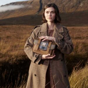 Harris Tweed Clutch, The Leather Medium Satchel, Islander, Chestnut Blue Tartan