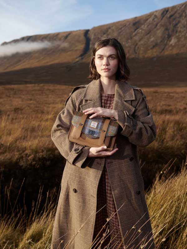 Harris Tweed Clutch, The Leather Medium Satchel, Islander, Chestnut Blue Tartan