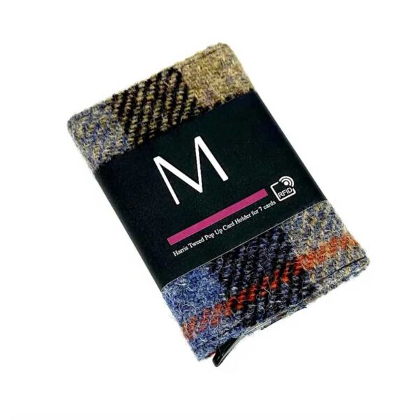 Harris Tweed Pop Up Card Holder In Blue/Brown Check