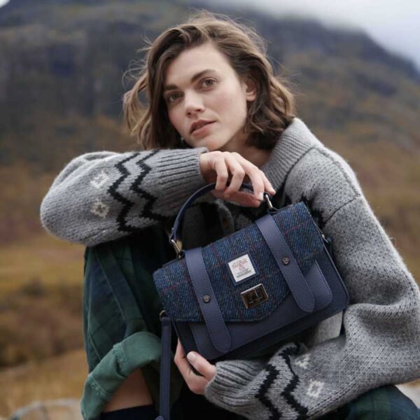 Harris Tweed Clutch, The Leather Medium Satchel, Islander, Navy Overcheck