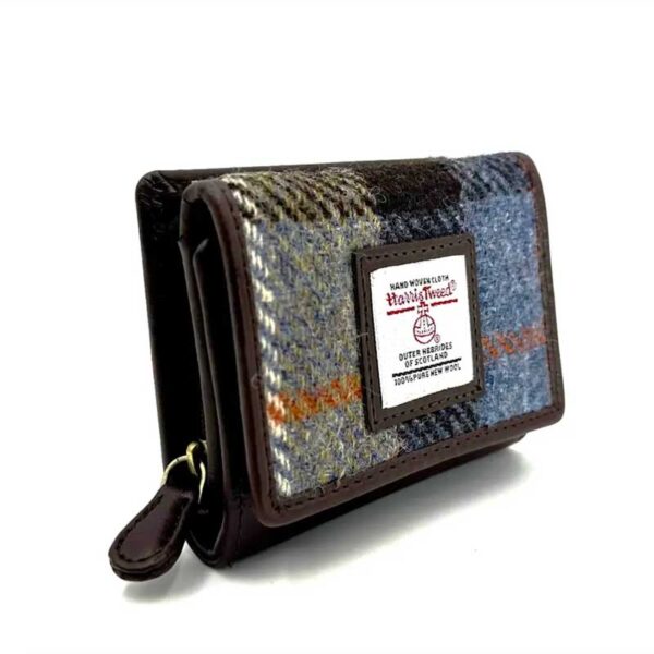 Harris Tweed Trifold Purse In Blue/Brown Check