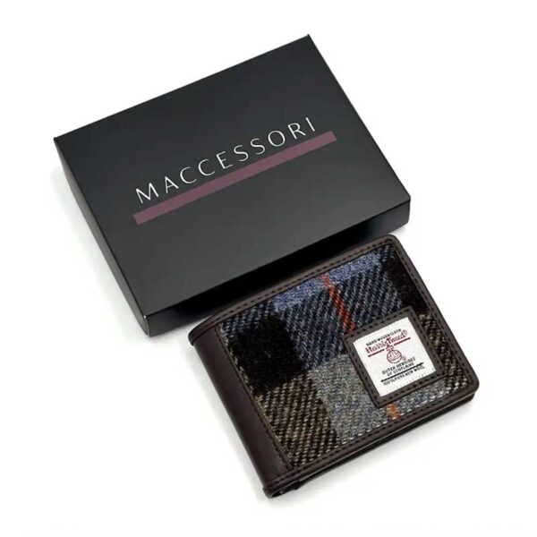 Harris Tweed Bifold Coin Wallet In Blue/Brown Check